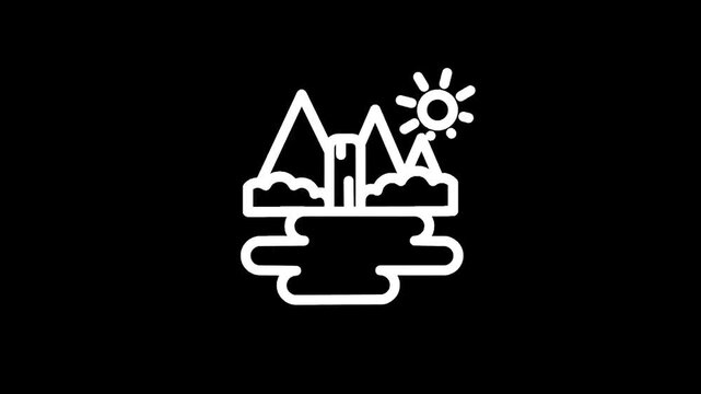 Stylized mountain landscape with sun and water reflection icon