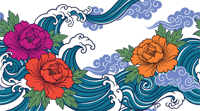 Traditional Japanese Seamless Border Pattern with Oriental Blue Ocean Waves Floating Clouds and Peony Flowers Vector Graphic for Kimono Fabric Prints