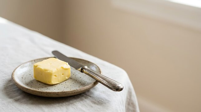 Block of fresh butter on ceramic plate with knife on linen table