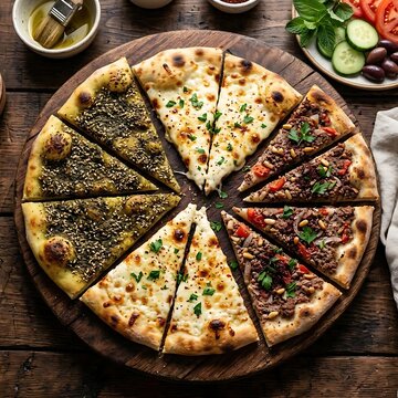 platter of Middle Eastern Manakeesh (flatbread) topped with za'atar (thyme and sesame blend), cheese, or minced meat, cut into wedges, on a rustic wooden board,	
