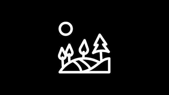 Stylized landscape with rolling hills, trees, and a sun icon on a black background