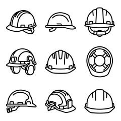Fototapeta premium Vector set of hard hat and safety helmet icons for construction projects, featuring minimalist line art designs of industrial protective gear.