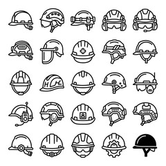 Fototapeta premium Comprehensive safety helmet and construction icon set featuring protective gear for industrial equipment and head protection in a clean line art