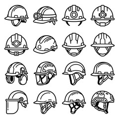 Fototapeta premium Professional icon set featuring various hard hat and safety helmet styles for industrial construction and personal protection equipment