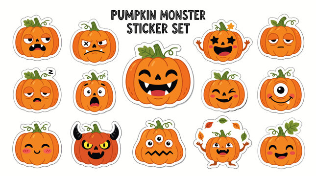 Cartoon pumpkin monster sticker set with various expressions