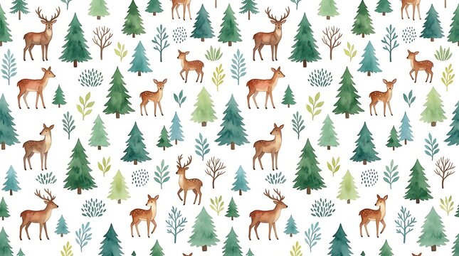 Seamless watercolor pattern featuring forest deer and pine trees
