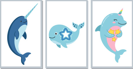 Cute Narwhal and Dolphin Cartoon Characters Nursery Vector Illustration Set © mokbul