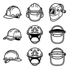 Fototapeta premium Set of safety helmet and industrial headgear icons for protective equipment used in construction, welding, and tactical work with line art style.
