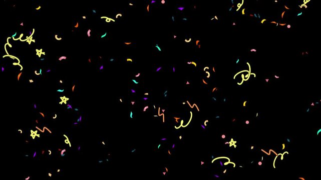 Confetti streamers and colorful star shapes float gracefully in a dark void to symbolize joy and excitement for various party-themed communication projects that require a vibrant decorative.
