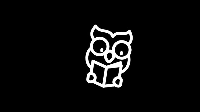 Cute cartoon owl wearing glasses reading a book, simple line art illustration