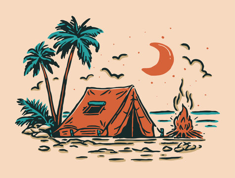 Vintage hand-drawn illustration of a beach camping tent with bonfire under crescent moon and palm trees in retro two-tone teal and orange style
