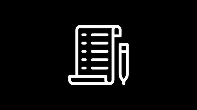 Simple white icon of a scroll with a pencil writing on it against a black background