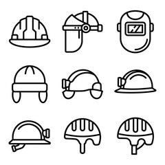 Fototapeta premium Collection of hard hat and safety helmet line art including welding mask and protective headgear as industrial icons for construction safety