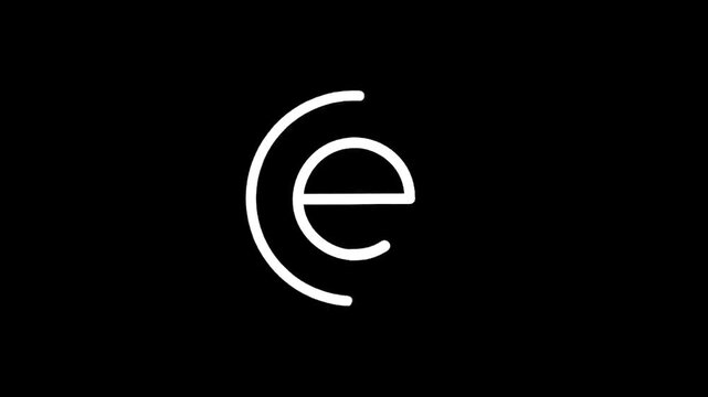 Minimalist white letter e and apostrophe symbol on a black background