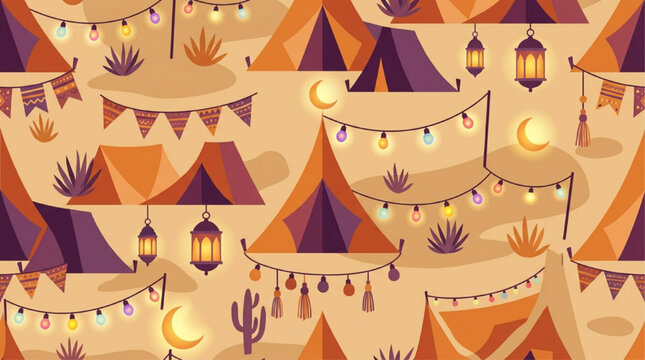 Seamless desert camping pattern with tents, lanterns, and moons; warm night glamping illustration for festive or outdoor themes.