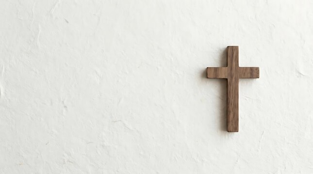 Wooden christian cross on textured white background with copy space