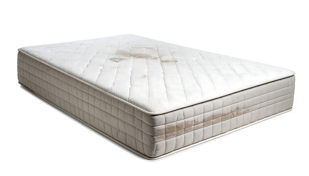A soiled, rectangular, off-white mattress, showcasing a quilted top with stains, resting on a white background with soft shadows