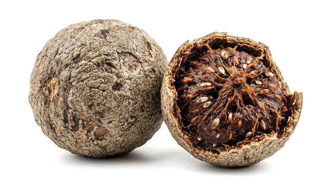 Wood apple fruit, whole and opened, showing the brown pulp and seeds inside, isolated on white background