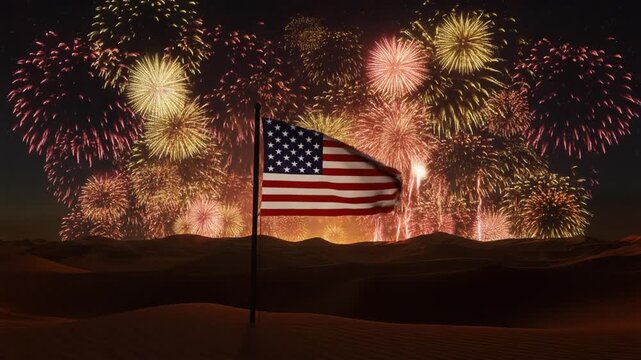 USA Flag Firework Celebration Over Desert Night Sky