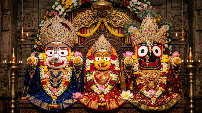 Beautifully decorated idols of Lord Jagannath, Devi Subhadra, and Lord Balabhadra adorned with ornate crowns and flower garlands inside a stone temple