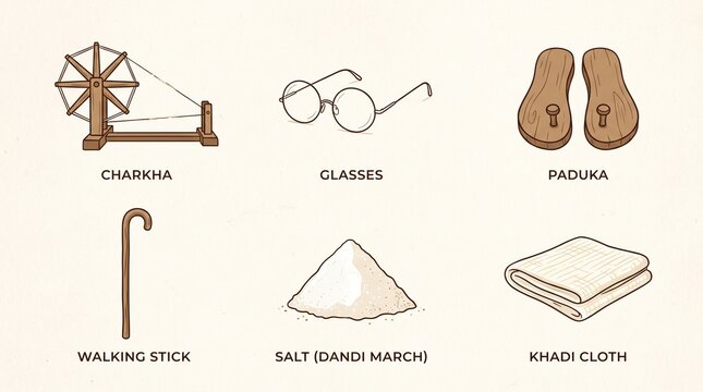 Illustration depicts Charkha, glasses, paduka, walking stick, and salt with khadi cloth.