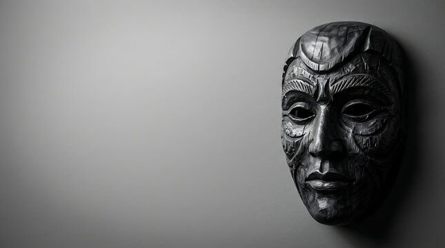 Intricately carved dark wooden mask against a gray background