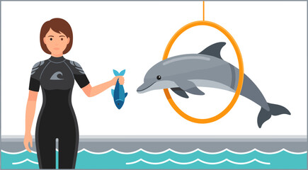 Fototapeta premium Dolphin Trainer Holding Fish in Marine Aquarium Show Vector Illustration