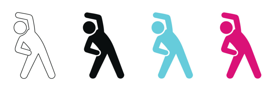 Stick figure stretching exercise vector icon set, side bend fitness movement symbols for workout, flexibility, wellness and healthy lifestyle design.