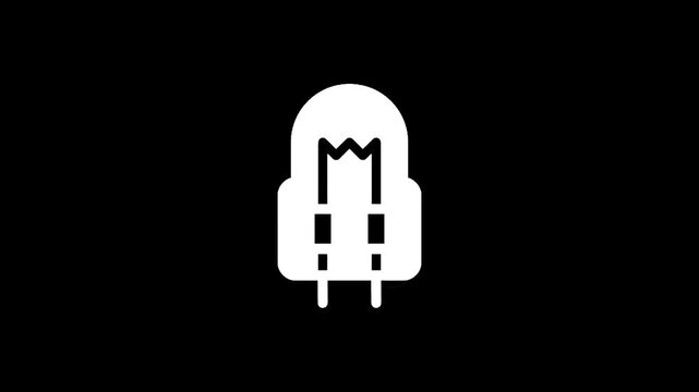 Simple white icon of a light bulb with two prongs on a black background