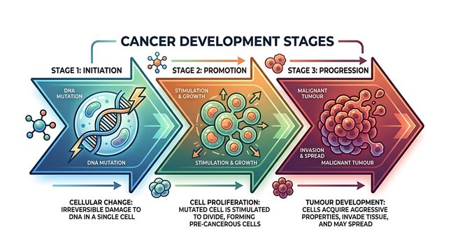 Infographic of cancer development stages from dna mutation to tumor
