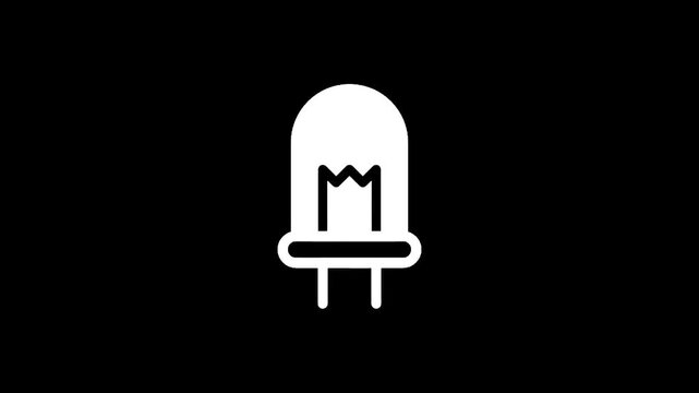 Simple white icon of a light bulb with two prongs on a black background