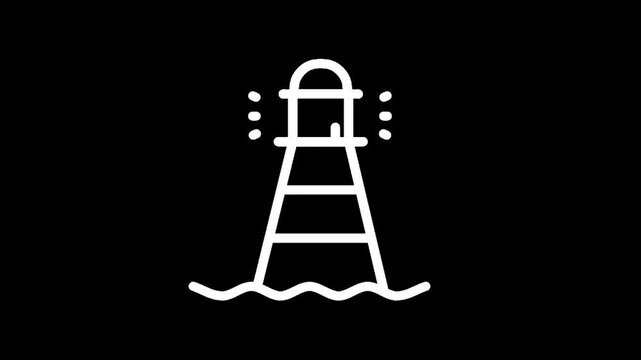 Simple white lighthouse icon on a black background with wavy water at the base