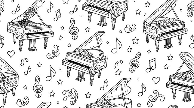 Black and white piano and music notes pattern design.