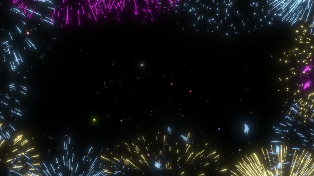 Fireworks display creates a colorful and vibrant circular border around a dark central area that provides ample copy space for custom text or graphic elements in this festive digital illustration.