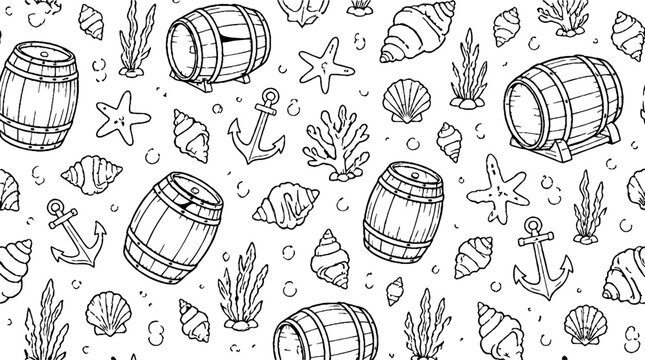 Nautical and barrel themed black and white illustration.
