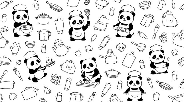 Cute pandas cooking with kitchen utensils pattern.
