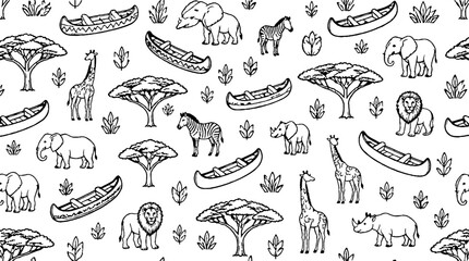Fototapeta premium African wildlife and canoe pattern illustration.