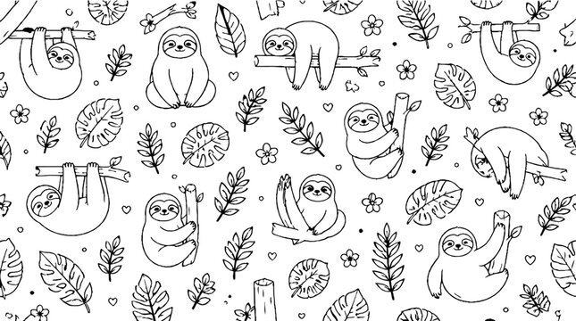 Playful Sloths and Tropical Leaves Pattern Design.