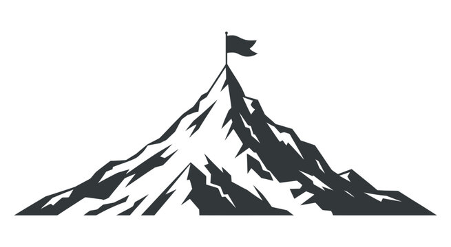 Mountain peak with flag vector illustration, achievement symbolism, summit success concept, outdoor adventure graphics, goal accomplishment and victory celebration design
