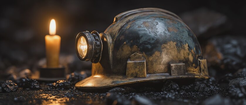 Vintage mining helmet with a candle nearby.