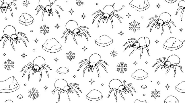 Whimsical tarantulas and snowflakes pattern design.