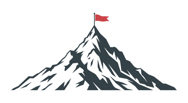 Mountain peak with flag vector illustration, achievement symbolism, summit success concept, outdoor adventure graphics, goal accomplishment and victory celebration design