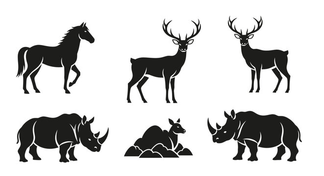Set of Silhouette Animals: Horse and Rhinoceros, Vector Illustration, Wild and Domestic Fauna Icons