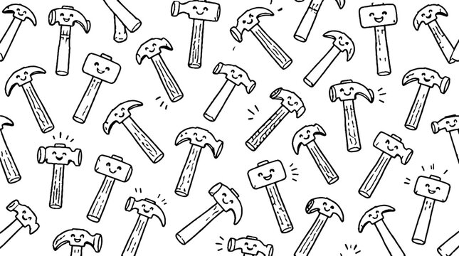 Repeating pattern of cartoon hammers with smiling faces.