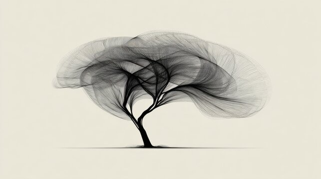 Abstract Illustration of Windy Tree with Flowing Lines and Elegant Form Against a Neutral Background