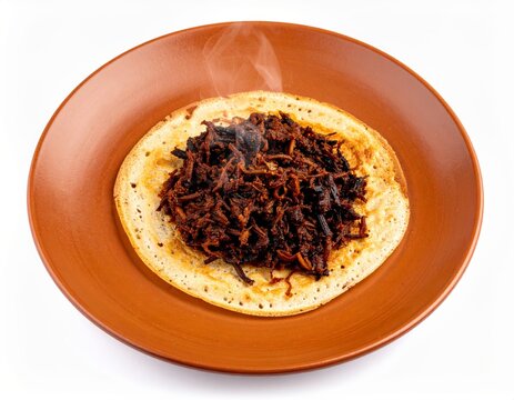 Dindigul Mutton curry Dosa On Burnt Terracotta Plate Isolated On White Background
