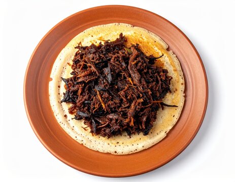 Dindigul Mutton curry Dosa On Burnt Terracotta Plate Isolated On White Background