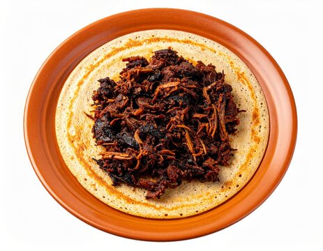 Dindigul Mutton curry Dosa On Burnt Terracotta Plate Isolated On White Background