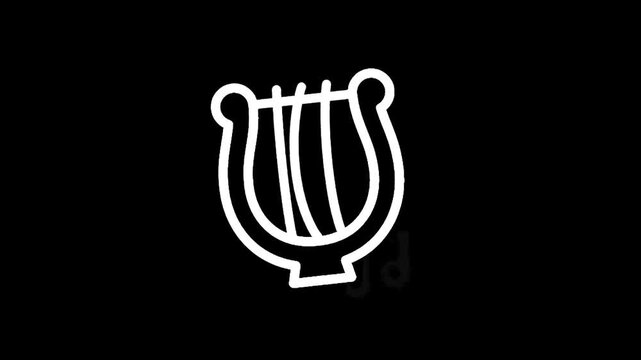 Simple white outline of a lyre on a black background, representing music and ancient Greece