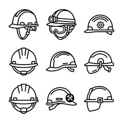 Fototapeta premium Professional Safety Helmet and Hard Hat Construction Icon Set for Industrial Workers Site Safety and Engineer Protection Equipment